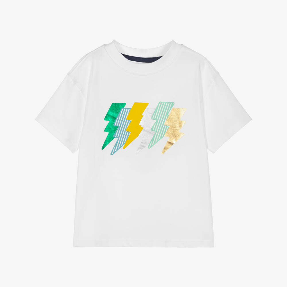 Joyday-Boys White Cotton T-shirt with Lightning Bolt Motif | Childrensalon