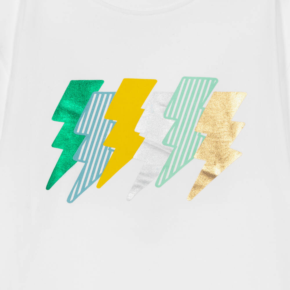 Joyday-Boys White Cotton T-shirt with Lightning Bolt Motif | Childrensalon