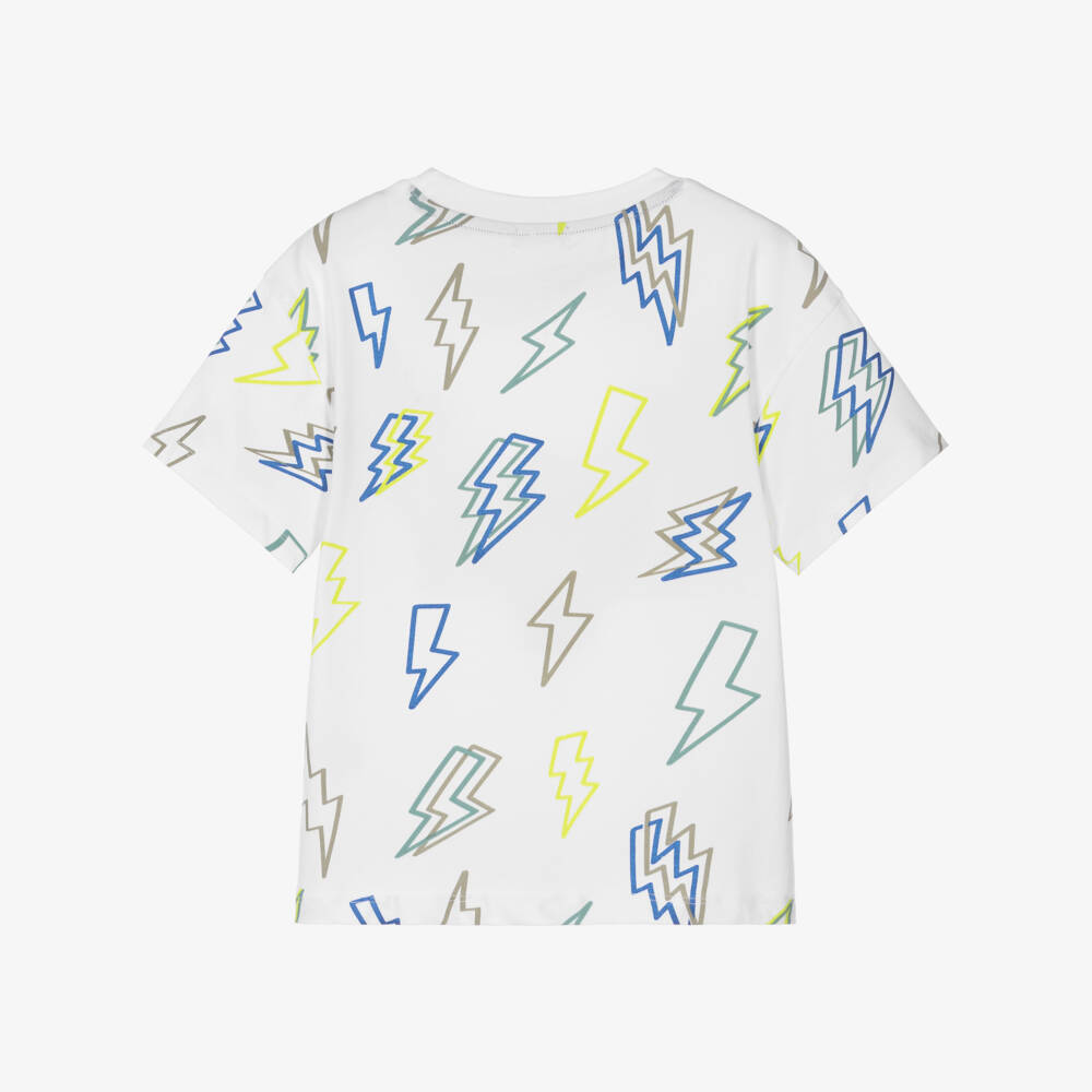 Joyday-Boys White Cotton T-Shirt with Lightning Bolt Pattern | Childrensalon