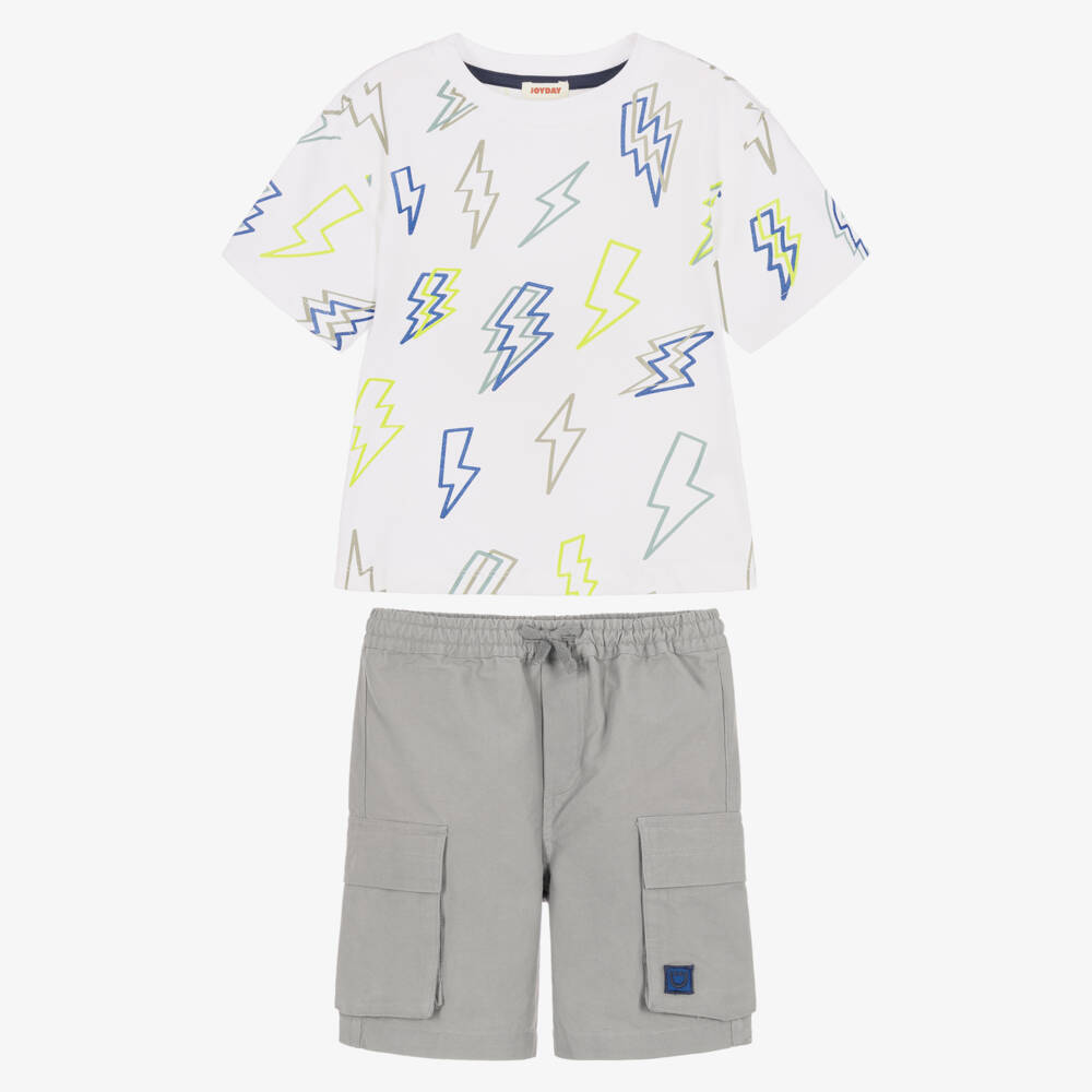 Joyday-Boys White & Grey Cotton Cargo Shorts Set | Childrensalon
