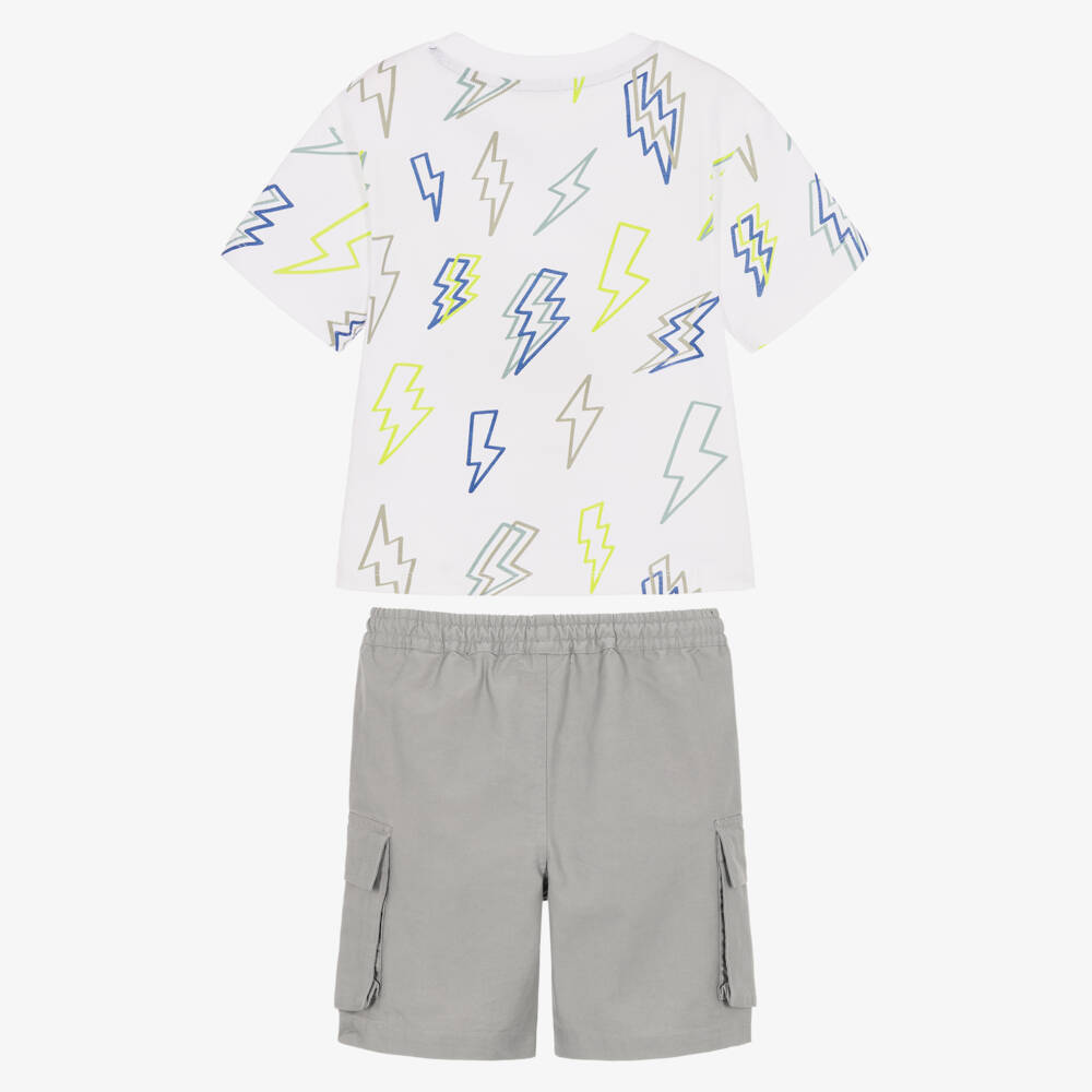 Joyday-Boys White & Grey Cotton Cargo Shorts Set | Childrensalon