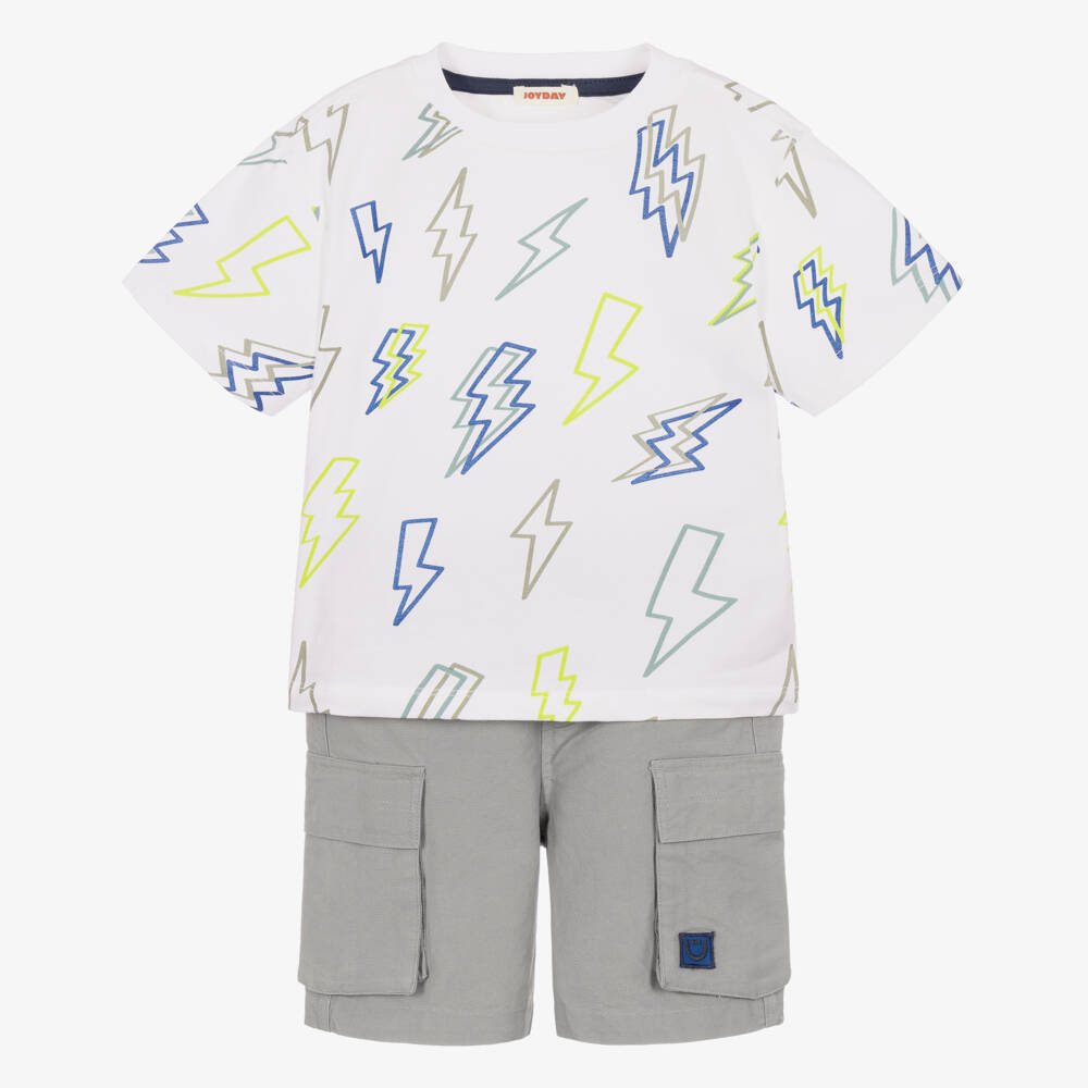 Joyday-Boys White & Grey Cotton Cargo Shorts Set | Childrensalon