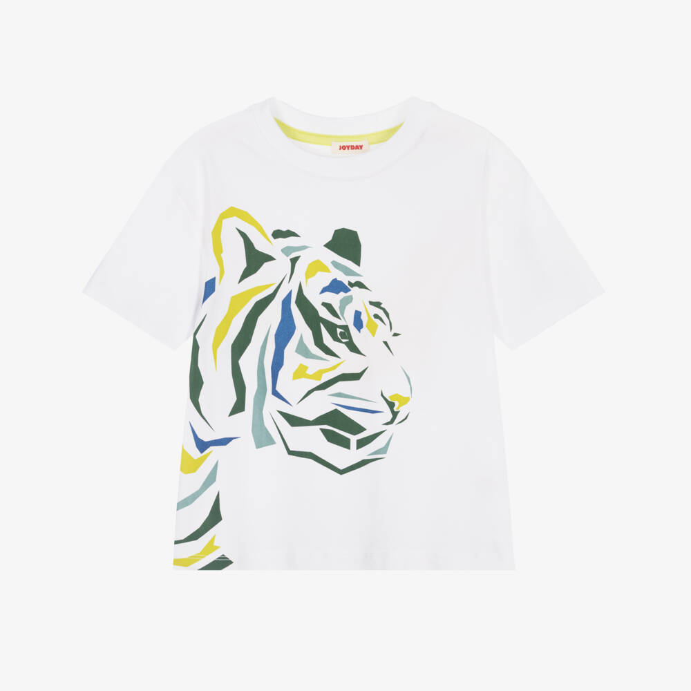 Joyday-Boys White Organic Cotton Abstract Tiger Print T-Shirt | Childrensalon