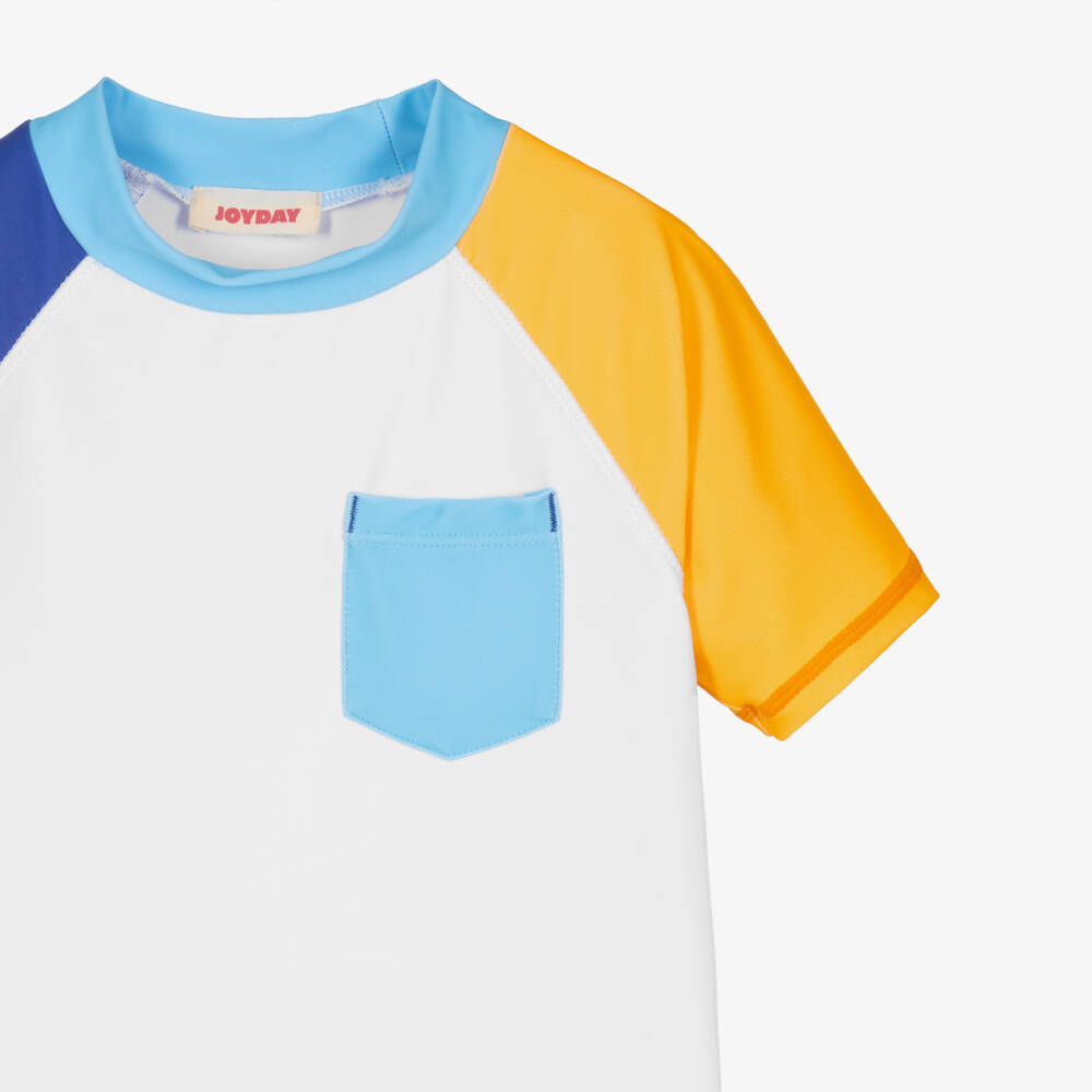 Joyday-Boys White Swim Top with Colourblock Sleeves (UPF50+) | Childrensalon