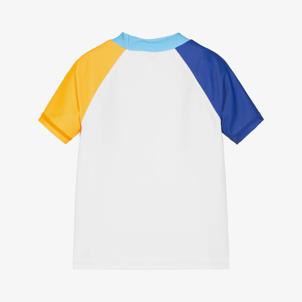 Joyday-Boys White Swim Top with Colourblock Sleeves (UPF50+) | Childrensalon