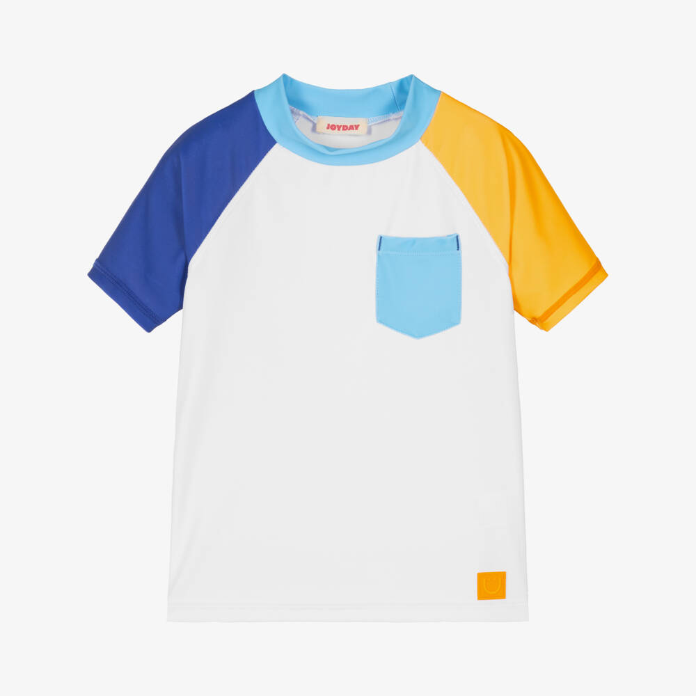 Joyday-Boys White Swim Top with Colourblock Sleeves (UPF50+) | Childrensalon