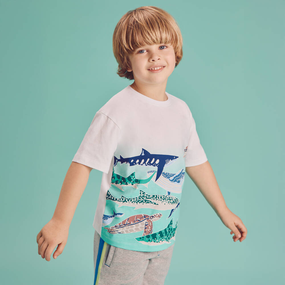 Joyday-Boys White & Turquoise Cotton Shark T-Shirt | Childrensalon