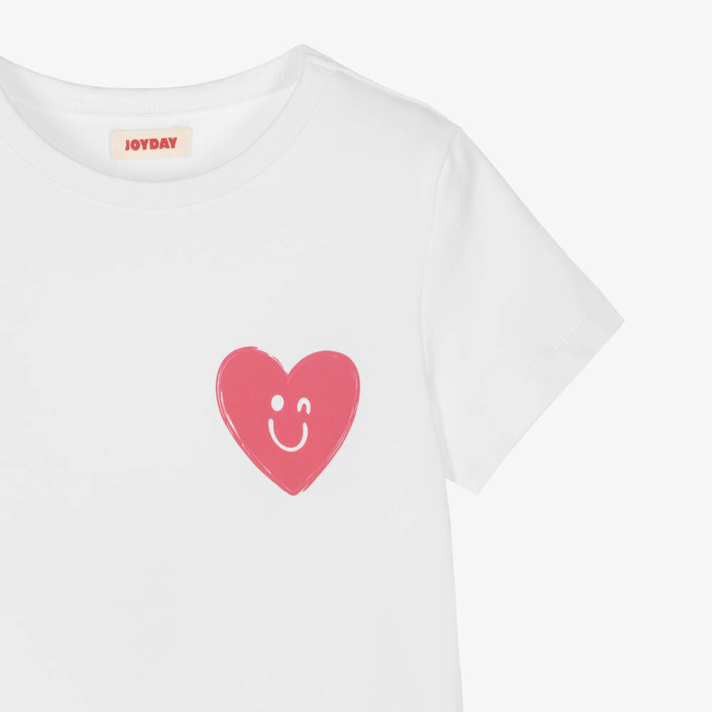 Joyday-Girl White Cotton T-Shirt with Smiling Red Heart Motif | Childrensalon