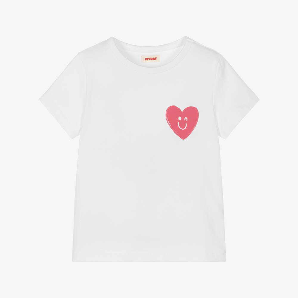 Joyday-Girl White Cotton T-Shirt with Smiling Red Heart Motif | Childrensalon