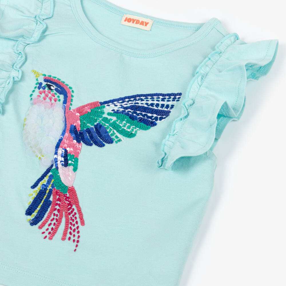 Joyday-Girls Aqua Blue Cotton Sequinned Bird T-Shirt | Childrensalon