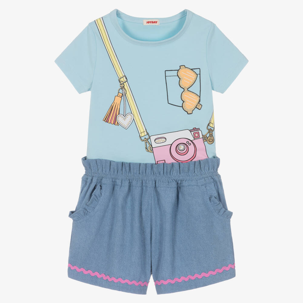 Joyday-Girls Blue Chambray Shorts Set with Camera Print | Childrensalon