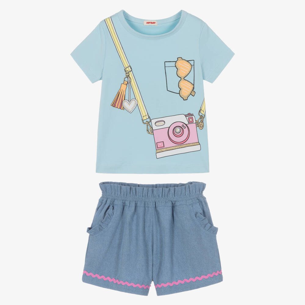 Joyday-Girls Blue Chambray Shorts Set with Camera Print | Childrensalon