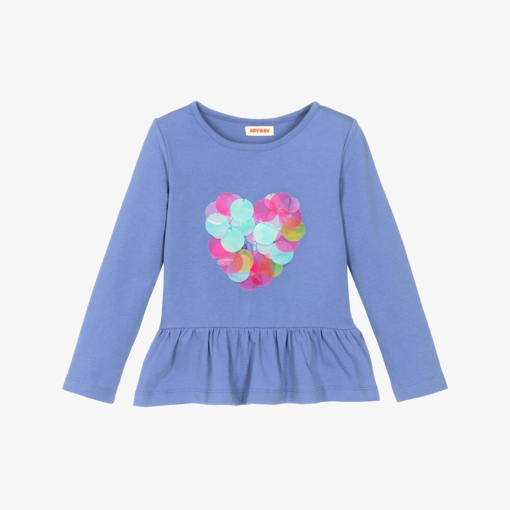 Joyday-Girls Blue Cotton Jersey Top with Hand-Sewn Sequin Heart | Childrensalon