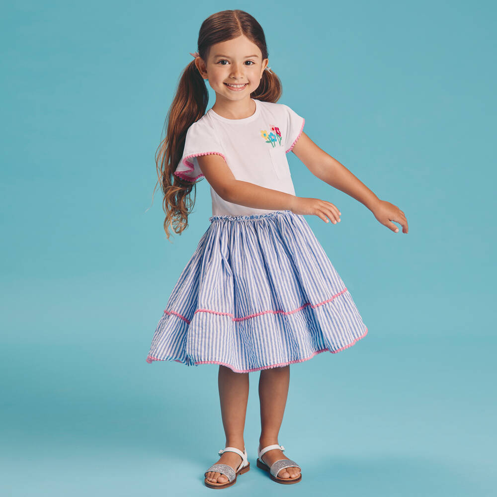 Joyday-Girls Blue Stripe Cotton Dress with Embroidered Flowers | Childrensalon
