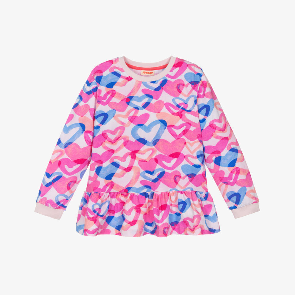 Joyday-Girls Bright Pink Cotton Jersey Heart Print Top | Childrensalon