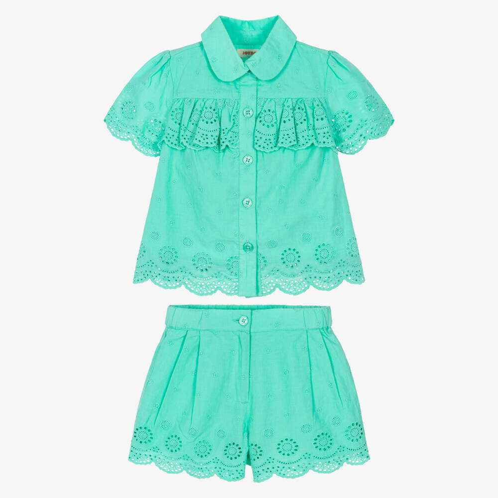 Joyday-Girls Green Cotton Broderie Anglaise Shorts Set | Childrensalon