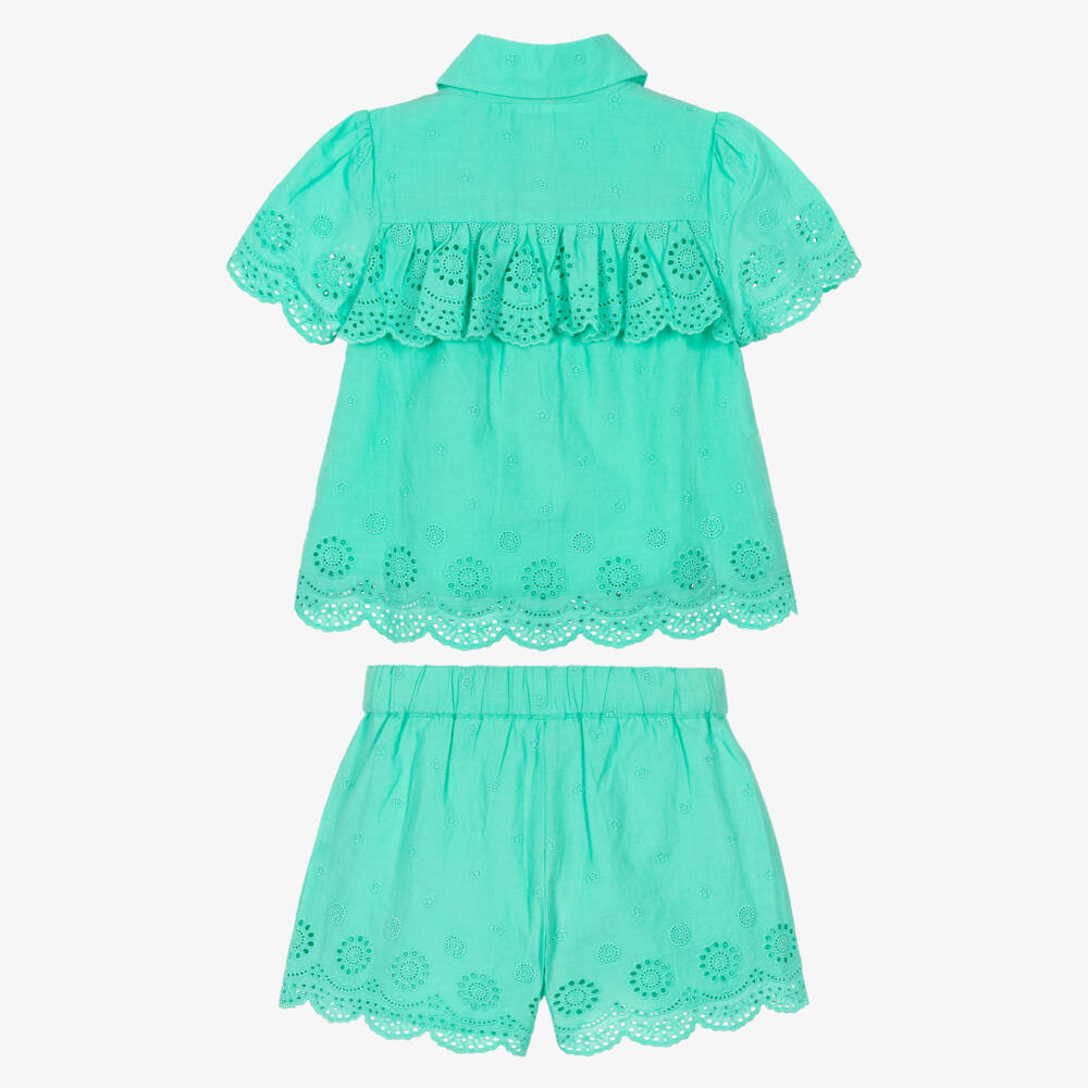 Joyday-Girls Green Cotton Broderie Anglaise Shorts Set | Childrensalon