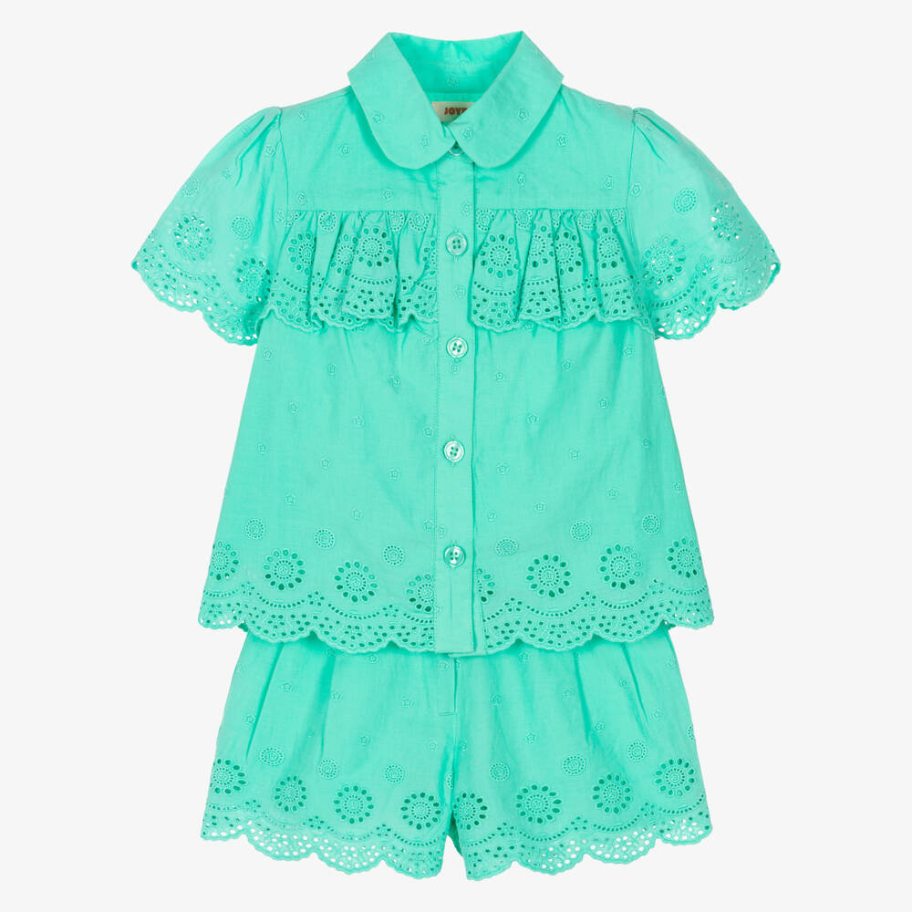 Joyday-Girls Green Cotton Broderie Anglaise Shorts Set | Childrensalon