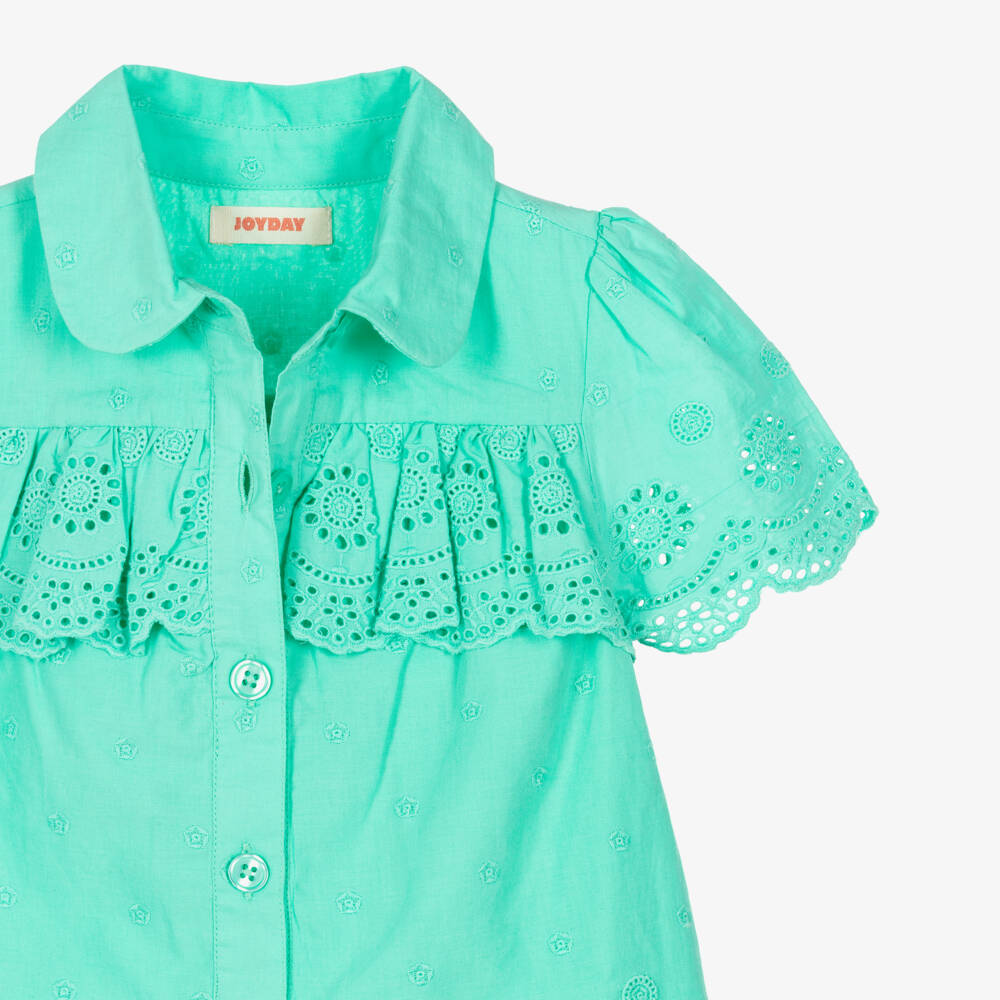 Joyday-Girls Green Cotton Broderie Anglaise Shorts Set | Childrensalon
