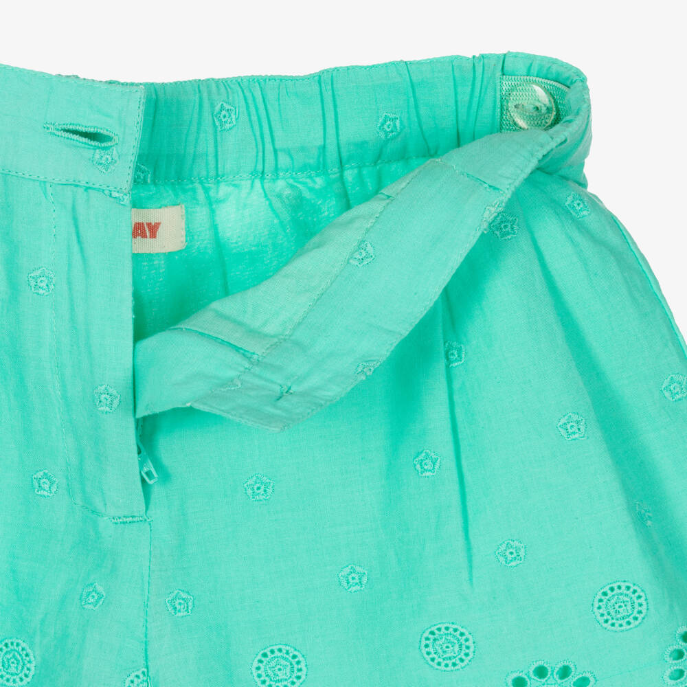 Joyday-Girls Green Cotton Broderie Anglaise Shorts Set | Childrensalon