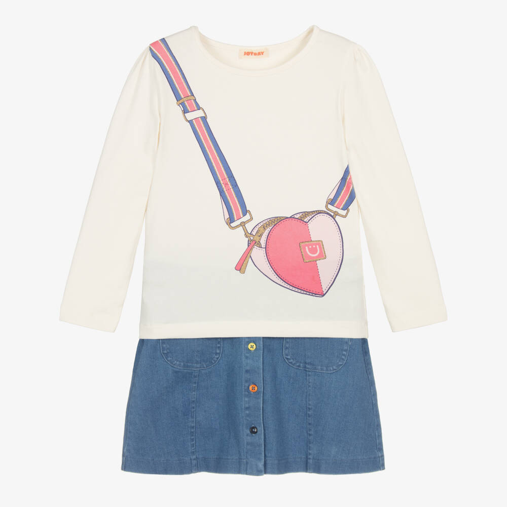 Joyday-Girls Ivory Top & Blue Denim Skirt Set | Childrensalon