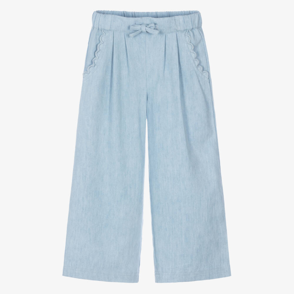 Joyday-Girls Light Blue Chambray Trousers with Drawstring Waist | Childrensalon