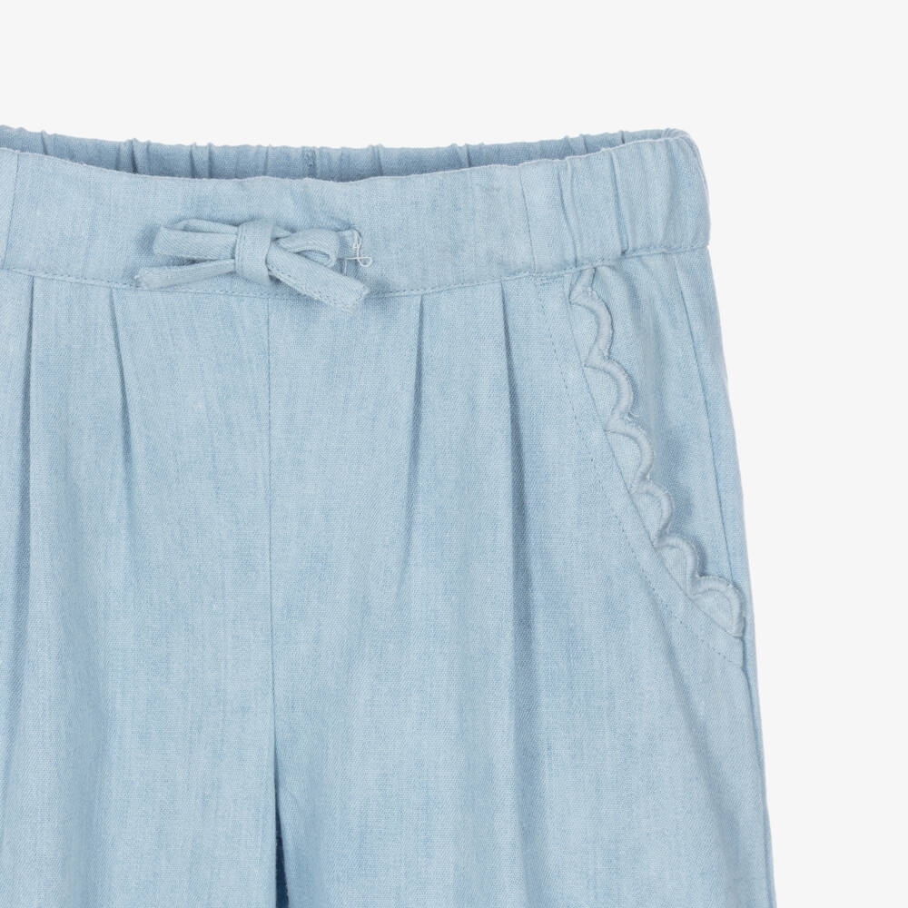 Joyday-Girls Light Blue Chambray Trousers with Drawstring Waist | Childrensalon