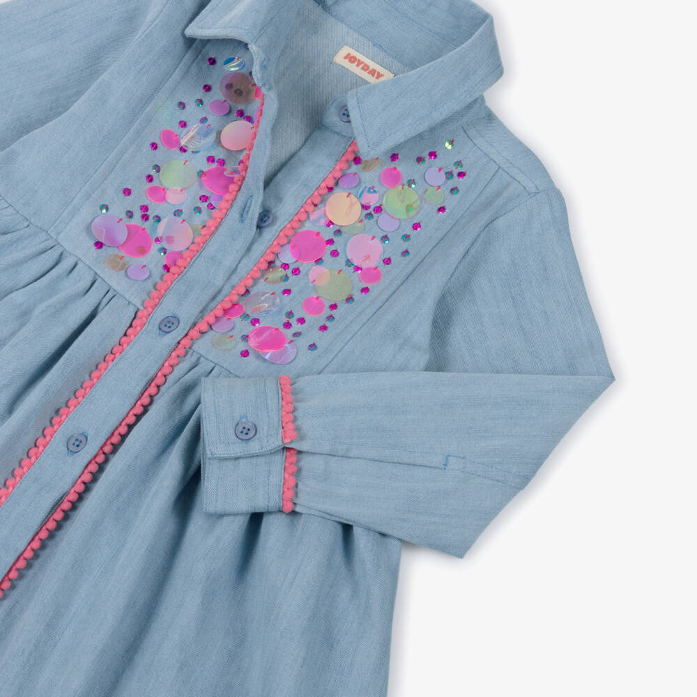 Joyday-Girls Light Blue Denim Dress with Sequins | Childrensalon