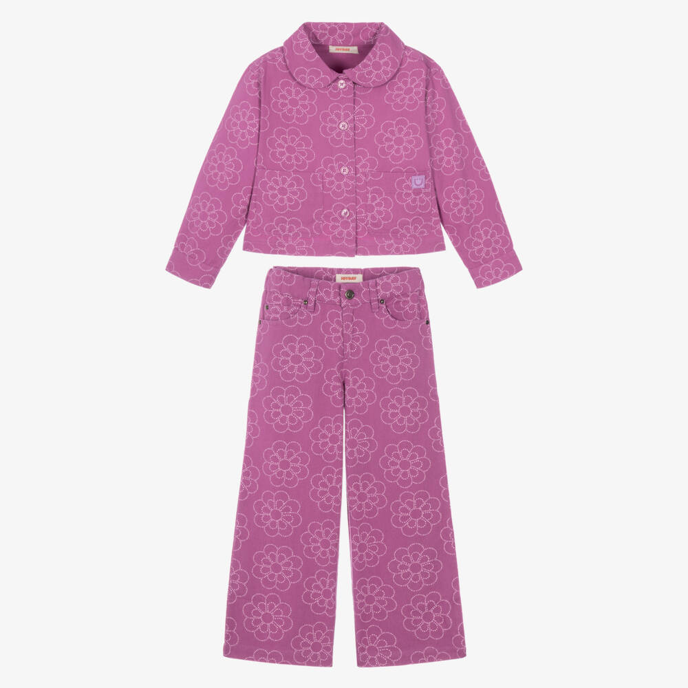 Joyday-Girls Lilac Pink Flower Print Jacket & Trouser Set | Childrensalon