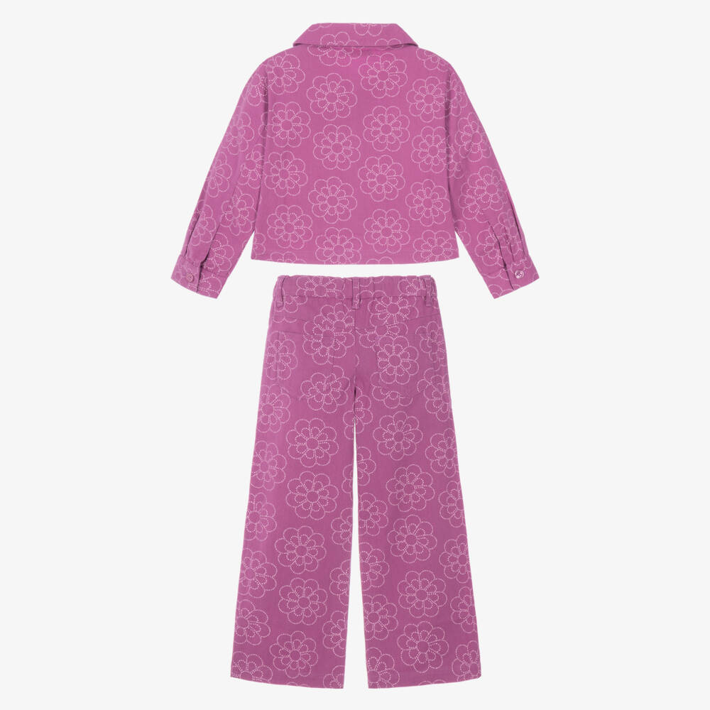 Joyday-Girls Lilac Pink Flower Print Jacket & Trouser Set | Childrensalon