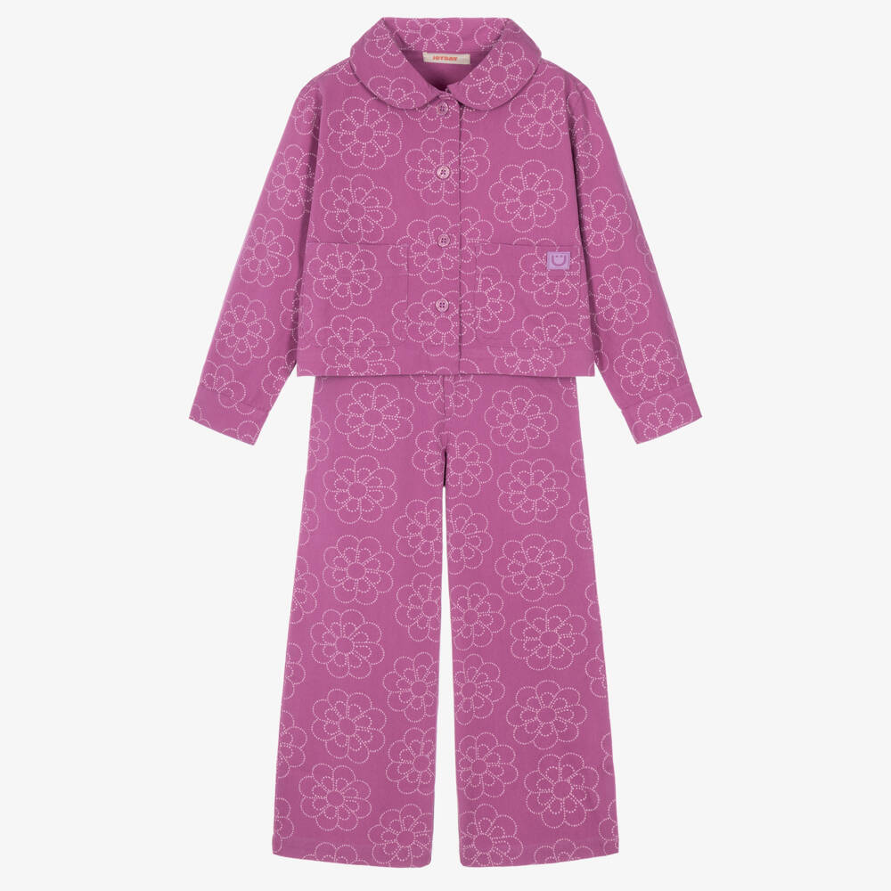 Joyday-Girls Lilac Pink Flower Print Jacket & Trouser Set | Childrensalon