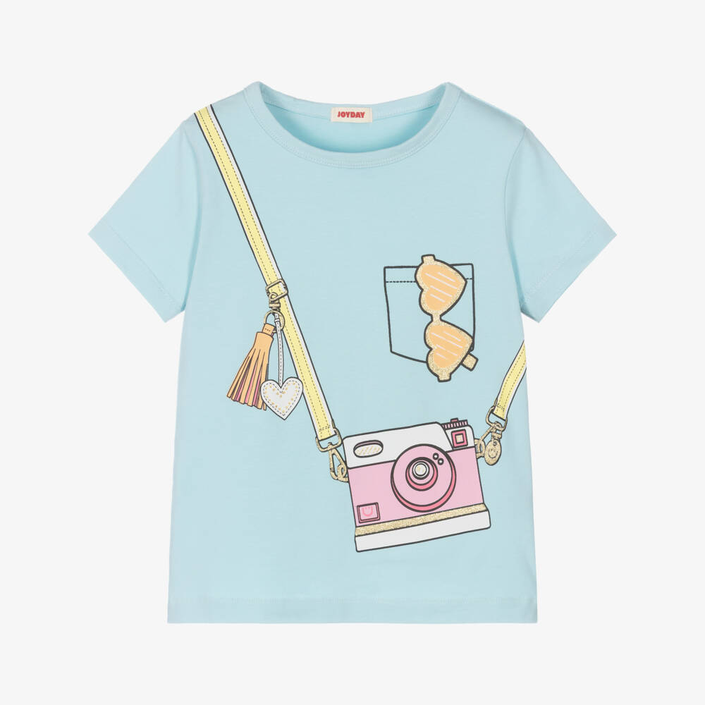 Joyday-Girls Pale Blue Cotton T-Shirt with Camera Graphic | Childrensalon