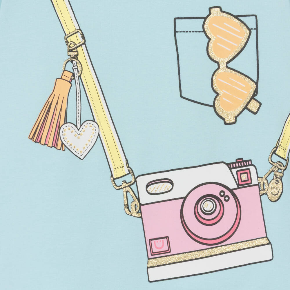 Joyday-Girls Pale Blue Cotton T-Shirt with Camera Graphic | Childrensalon