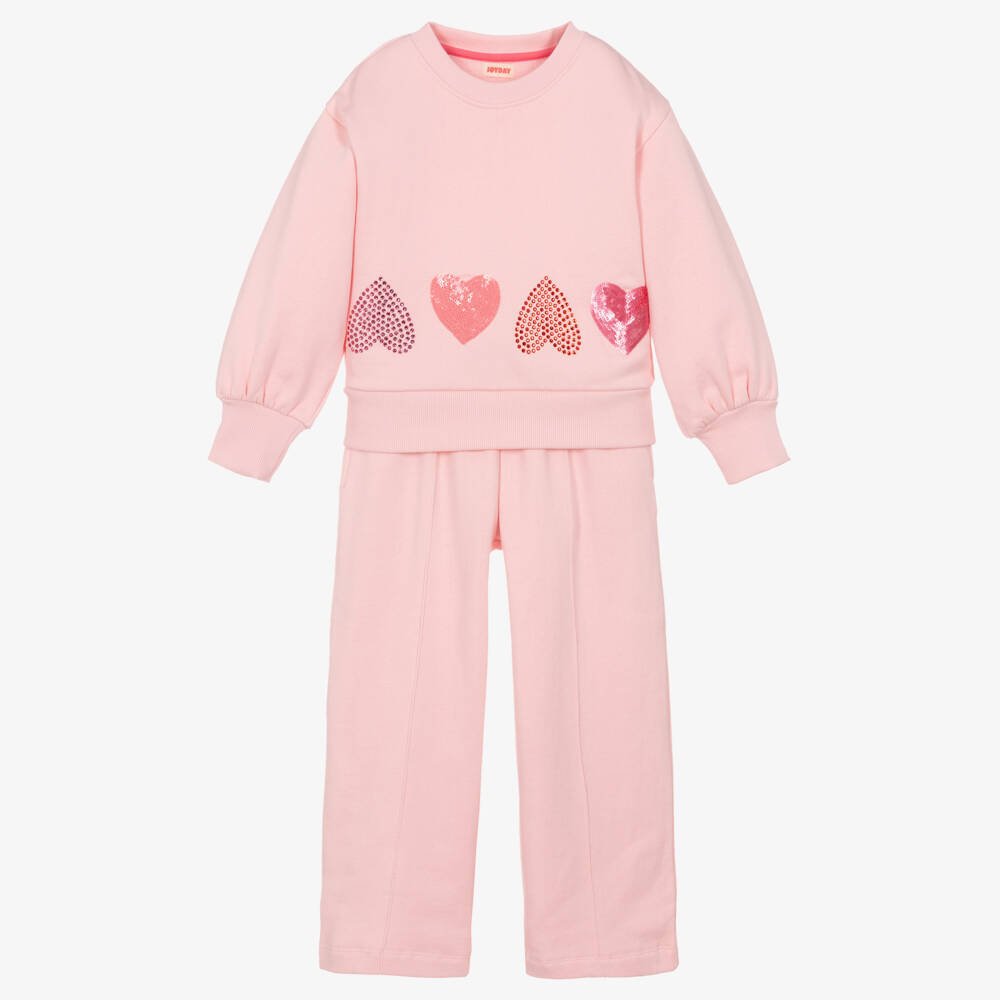 Joyday-Girls Pale Pink Cotton Tracksuit with Hearts | Childrensalon