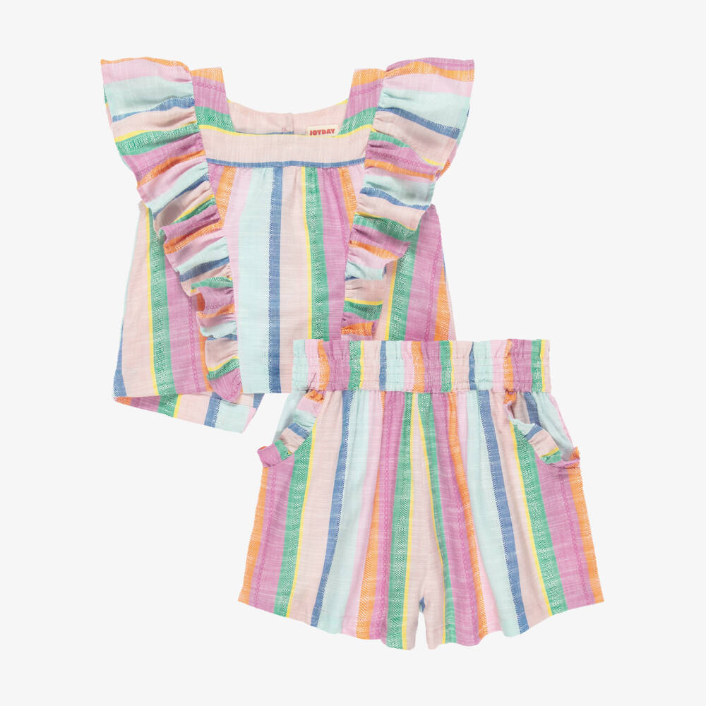 Joyday-Розово-синий полосатый хлопковый комплект для девочек | Childrensalon