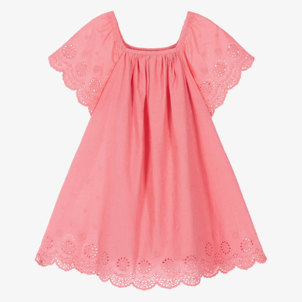 Joyday-Girls Pink Cotton Broderie Anglaise Dress | Childrensalon