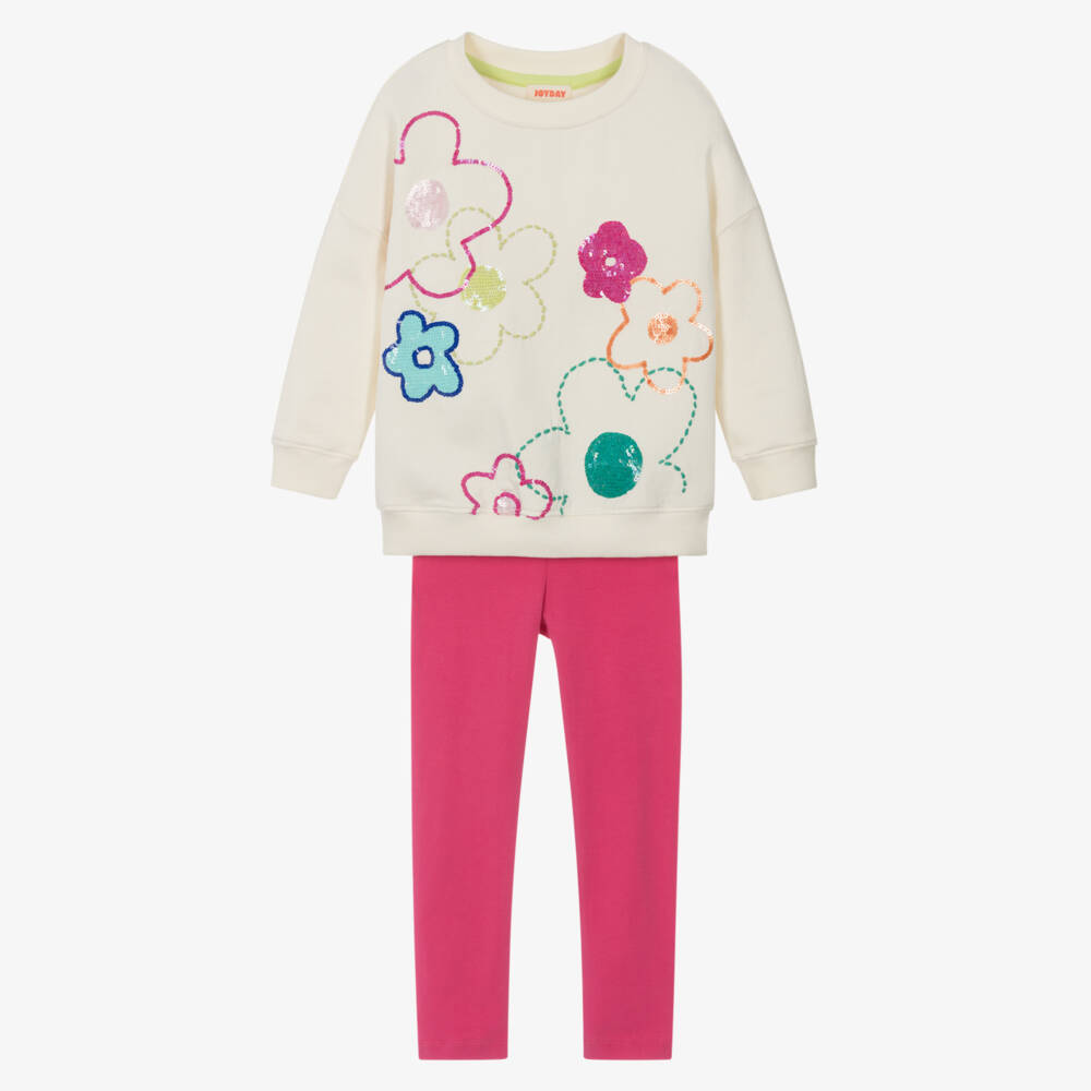 Joyday-Girls Pink Cotton Leggings Set with Sequin Flowers | Childrensalon
