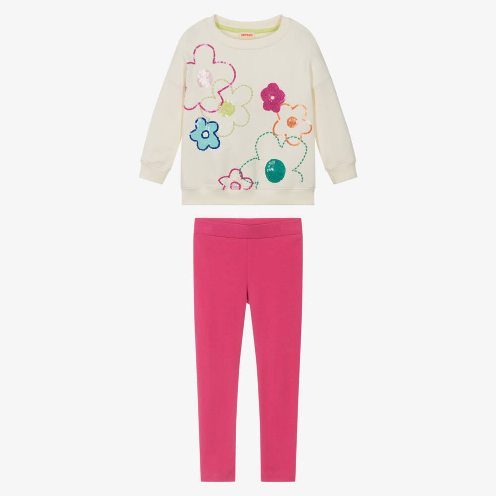 Joyday-Розовый хлопковый комплект с легинсами с цветами из пайеток для девочек | Childrensalon