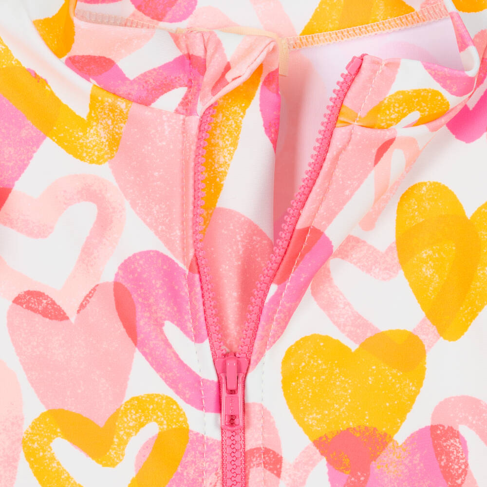 Joyday-Girls Pink Heart Print Long-Sleeved Swimsuit (UPF50+) | Childrensalon