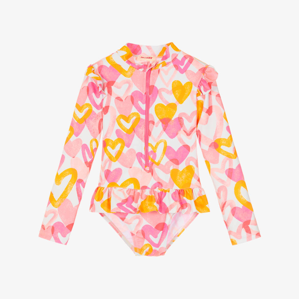 Joyday-Girls Pink Heart Print Long-Sleeved Swimsuit (UPF50+) | Childrensalon