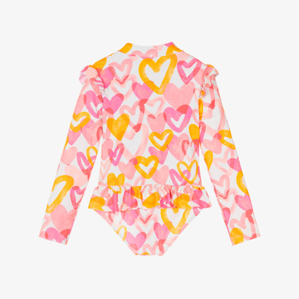 Joyday-Girls Pink Heart Print Long-Sleeved Swimsuit (UPF50+) | Childrensalon