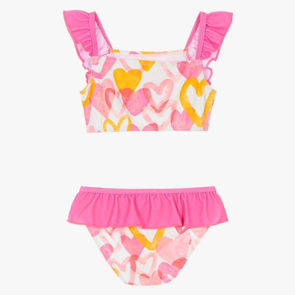 Joyday-Girls Pink Heart Print Ruffle Bikini (UPF50+) | Childrensalon