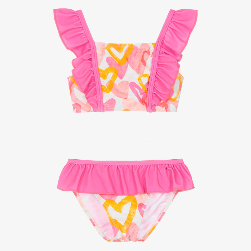 Joyday-Girls Pink Heart Print Ruffle Bikini (UPF50+) | Childrensalon