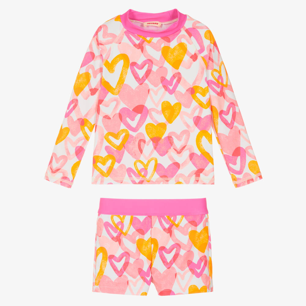 Joyday-Girls Pink Heart Print Swim Top & Shorts (UPF50+) | Childrensalon