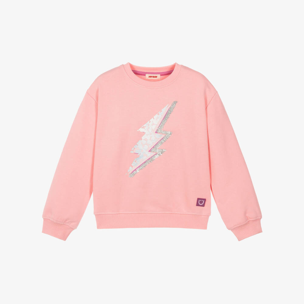 Joyday-Girls Pink Organic Cotton Sequin Lightning Bolt Sweatshirt | Childrensalon
