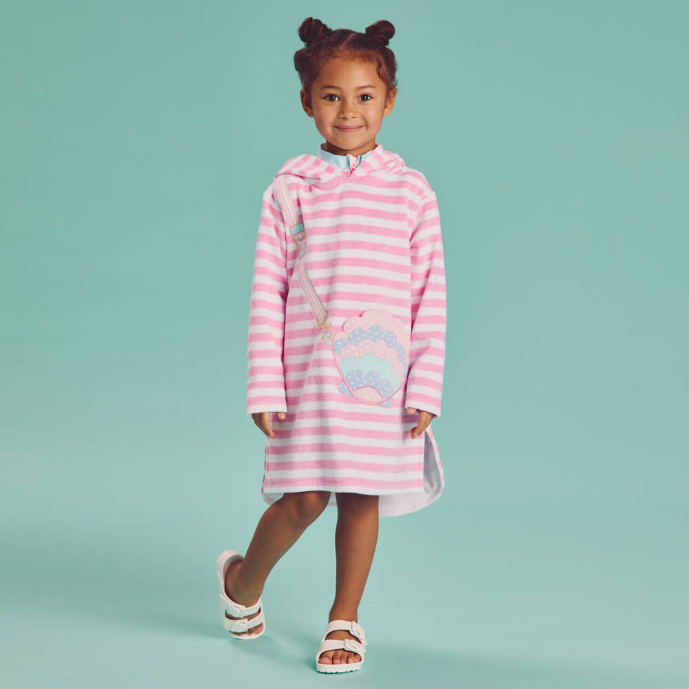 Joyday-Girls Pink Stripe Hooded Towelling Robe | Childrensalon