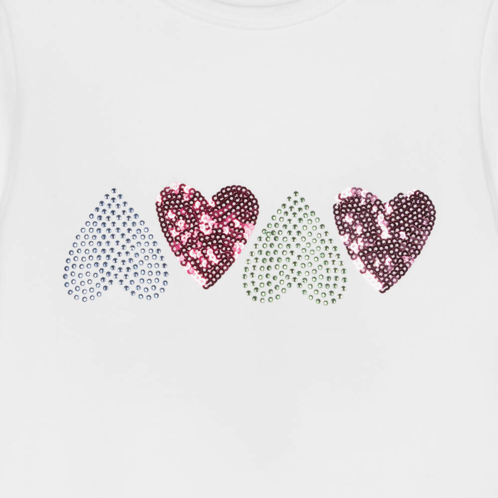 Joyday-Girls White Cotton T-Shirt with Diamanté & Sequin Hearts | Childrensalon