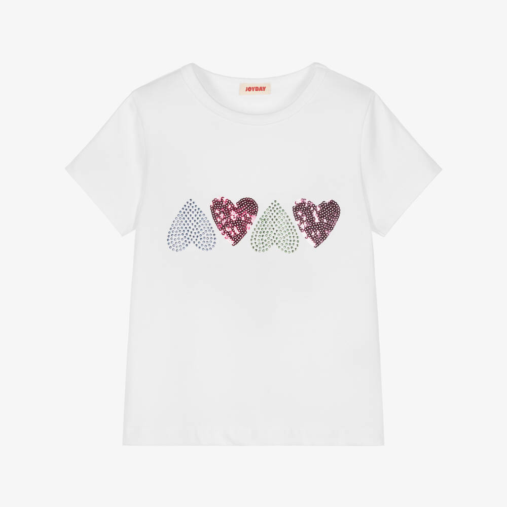 Joyday-Girls White Cotton T-Shirt with Diamanté & Sequin Hearts | Childrensalon