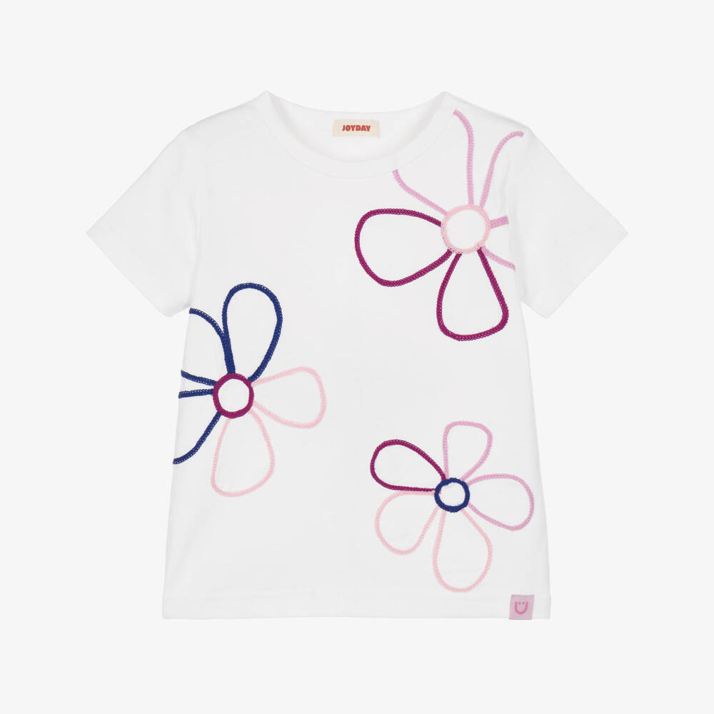 Joyday-Girls White Organic Cotton T-Shirt with Embroidered Flowers | Childrensalon