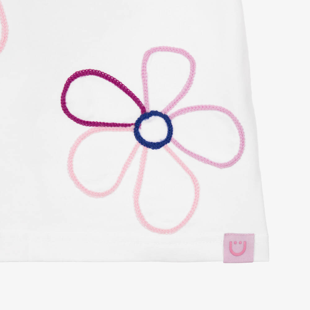 Joyday-Girls White Organic Cotton T-Shirt with Embroidered Flowers | Childrensalon